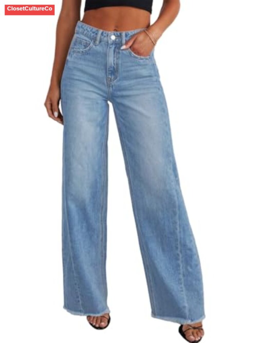 Wide Leg High Waisted Stretchy Denim Pants Raw Hem Loose Fit Jeans